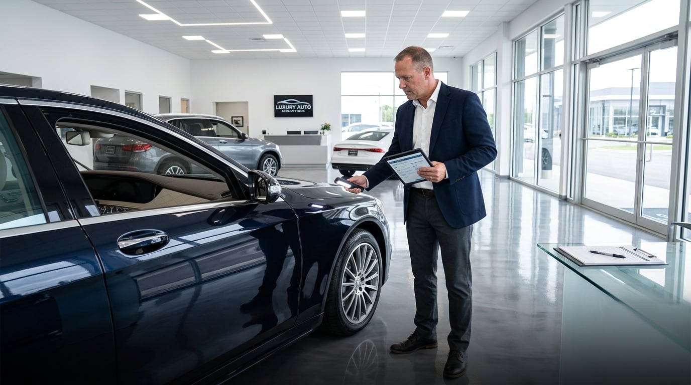 A professional inspector carefully checking a polished car in a bright modern showroom at UK CAR HUB